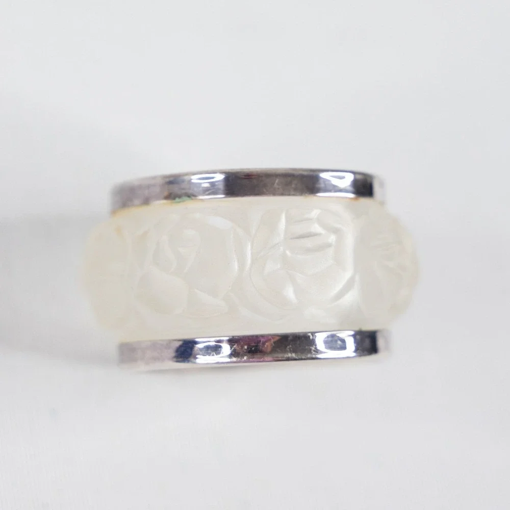 Vtg Napkin Rings 12p Frosted Crystal Rose Floral Silver lead Rim William Adams